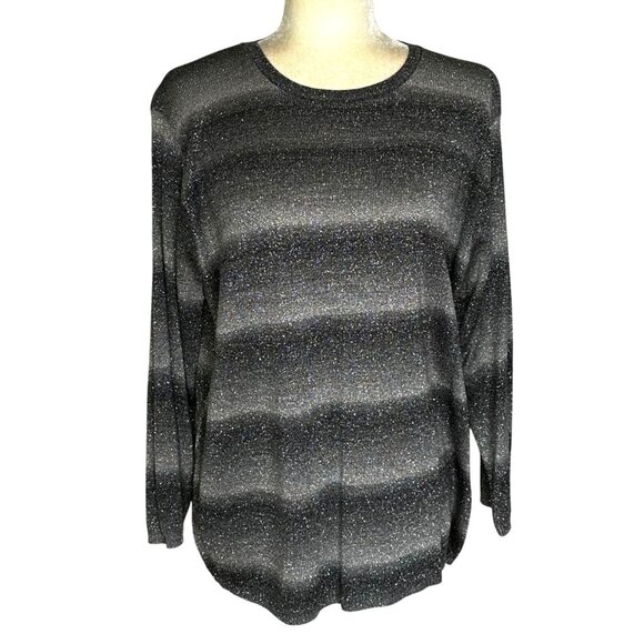 Alfred Dunner Sweaters - Alfred Dunner Sweater 1X Plus Size Gray Stripe Metallic Pullover Crew Neck